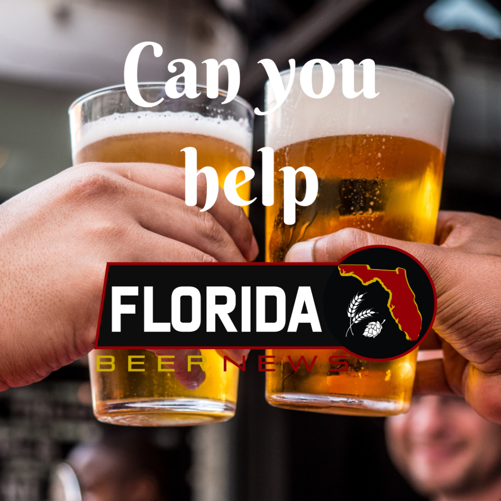 Two beer glasses with caption "Can you help Florida Beer News?" in foreground.